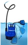 Blauwe Powerplus dompelpomp in water met drijvende vlotterschakelaar.