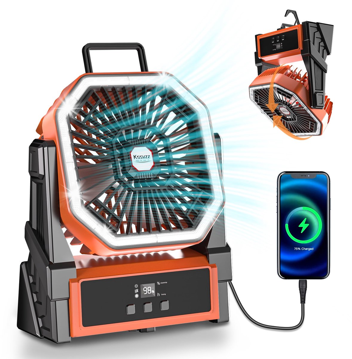 SnelShoppen - 30000mAh Camping Ventilator met 4 Snelheden, USB Oplaadbare Draagbare Ventilator met LED Verlichting, 270° Draaibaar voor reizen, pickni