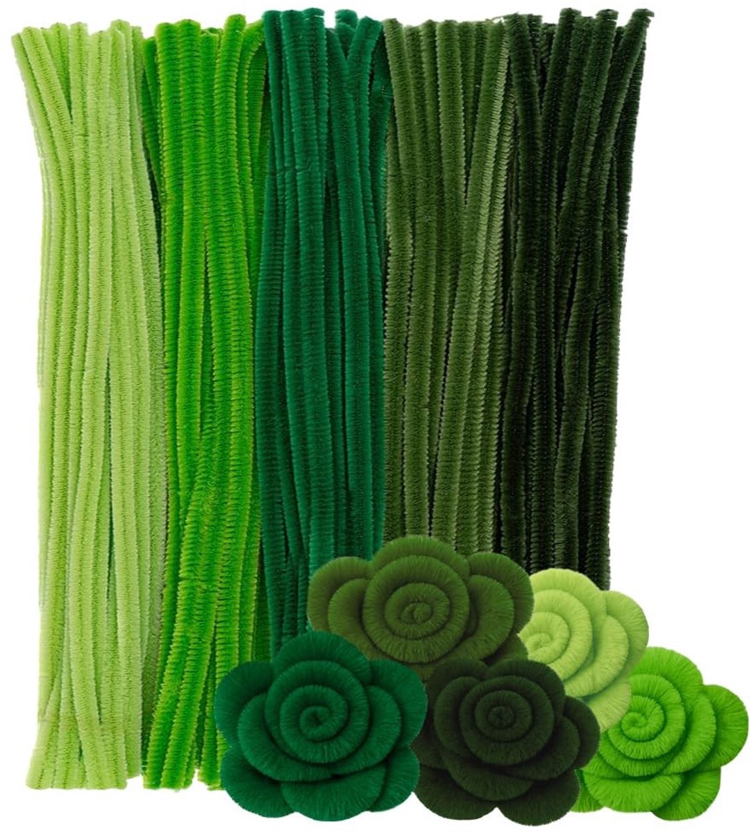 Dailygoods- Pijpenreinigers 100 stuks - 30 cm lang - Ø 6 mm - 5 verschillende groentinten - Polyester/ijzerdraad - Geschikt voor knutselprojecten - Chenilledraden
