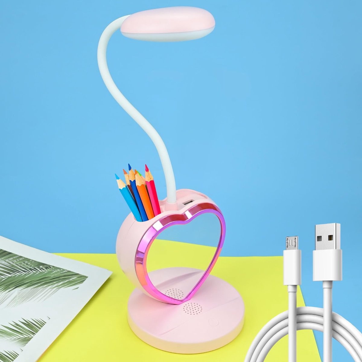 Dailygoods - Kids Desk Lamp voor Meisjes - Dimbare LED Tafel Lamp met Penhouder en Ventilator (Roze)