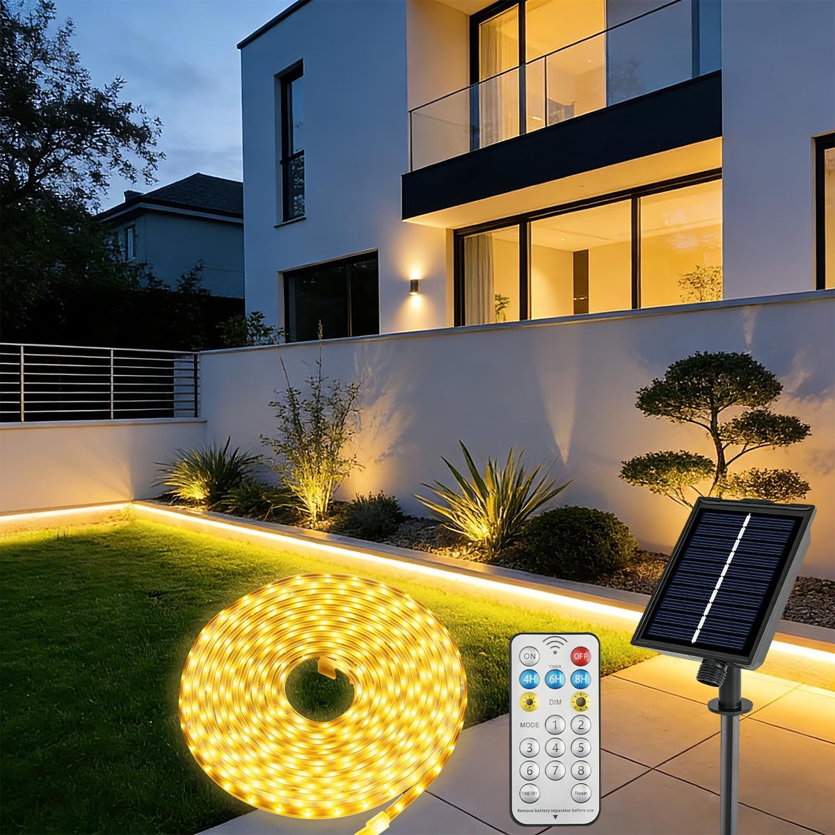 SnelShoppen - 15M Solar LED-strip voor Buiten, 960 Dimbare LED's, IP68 Waterdicht, Met Afstandsbediening, 8 Lichtmodi & Timer, Oplaadbaar, Warmwit voo