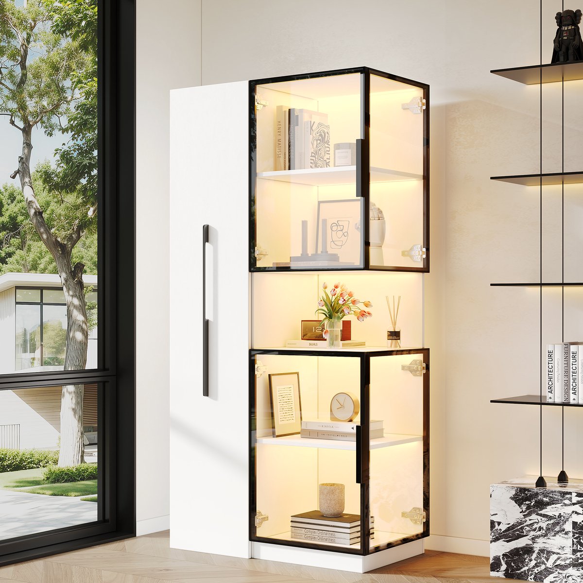 Glazen vitrinekast 70×38×160 cm met displayplank - voorzien van LED-verlichting - berging - woonkamer - eetkamer - keuken - wit