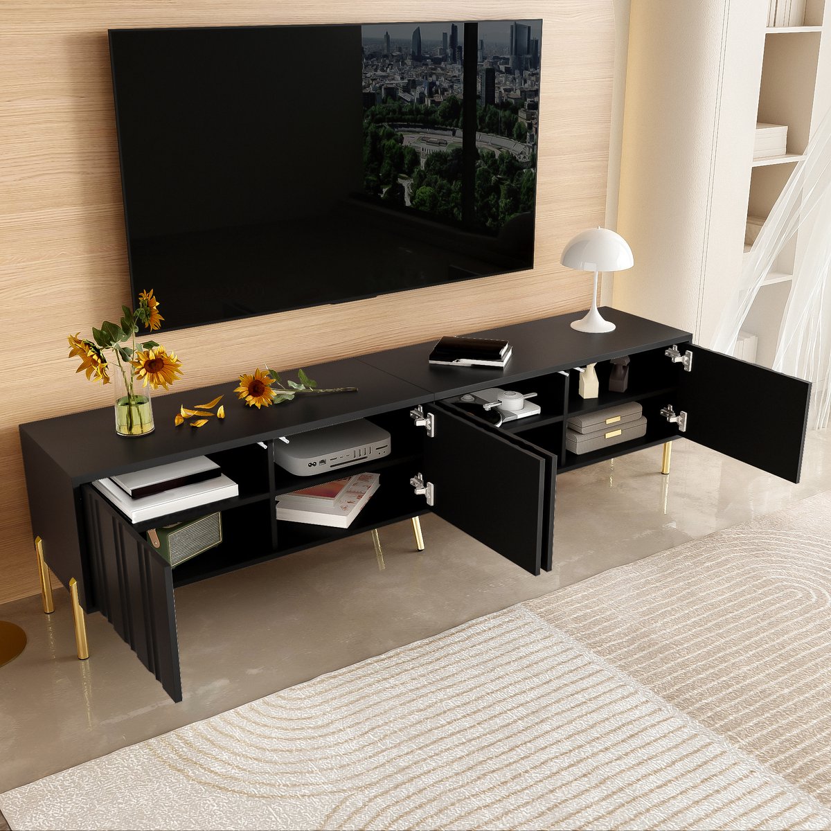 TV-meubel 190 x 38 x 48 cm - gouden poten - deurpanelen met groefontwerp - zwart