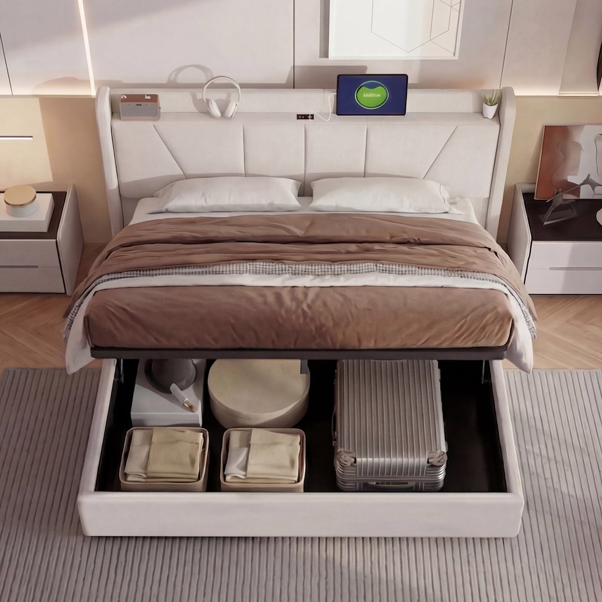 ROSAHQNDA Tweepersoonsbed 140x200 cm, volwassen bed met lattenbodem en modern bedframe, gestoffeerd opbergbed van linnen voor slaapkamer, beige, zonder matras