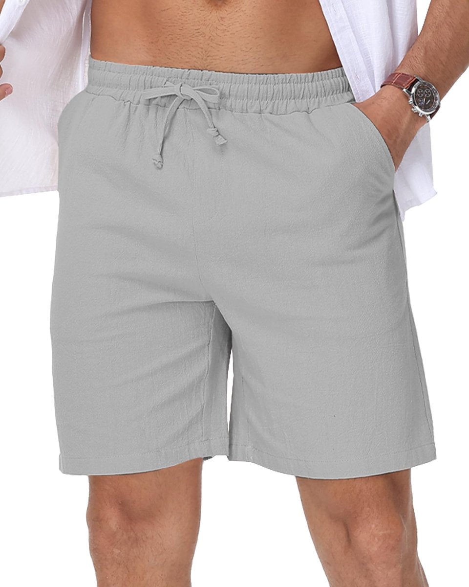 SnelShoppen - Lichte Herenshorts Katoen, Korte Broek met Elastiek, Zomershorts voor Vrijetijd, Met Zakken, M-3XL, Lichtgrijs, XL