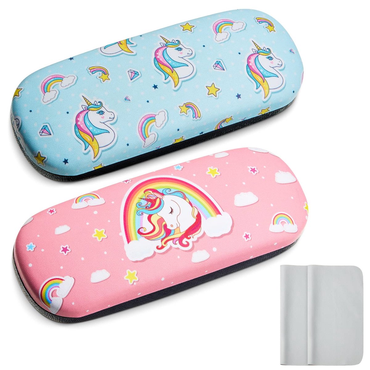 Dailygoods- Brillenetui Harde Schelp - 2 Stuks - Eenhoorn/Clamshell - Lensreinigingsdoekje - Blauw/Roze - 16 x 6 x 4 cm - Brilhoes