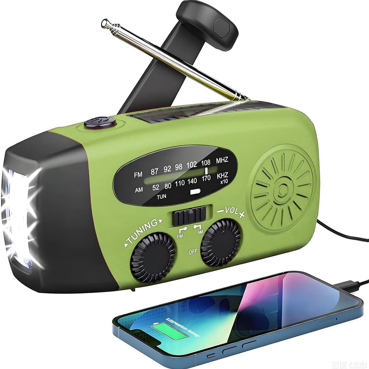 SnelShoppen - Nood-zonne-radio, Zwengelradio met LED-zaklamp, SOS-alarm, AM/FM Weer-radio, 2000 mAh Batterij, Groene Camping Radio voor Noodsituaties