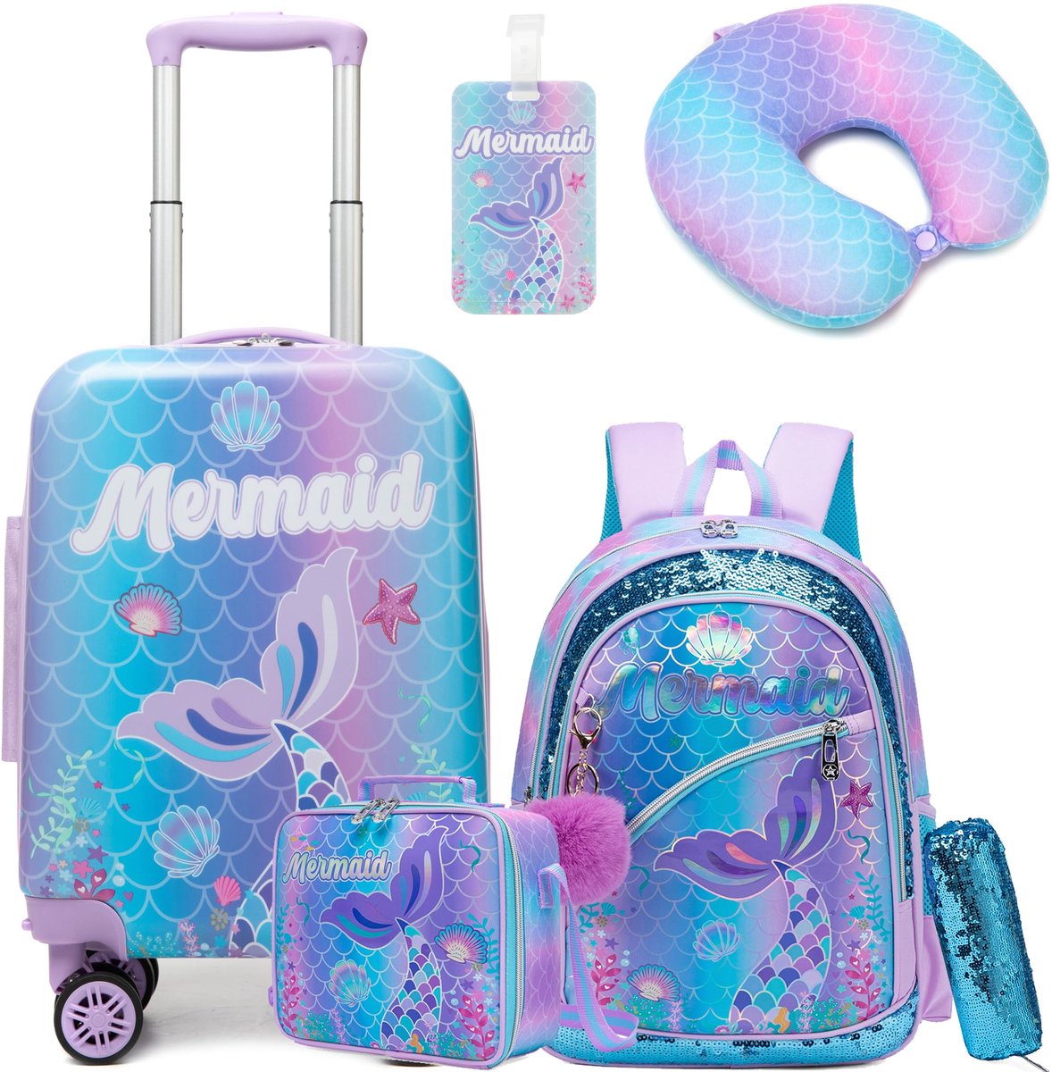 SnelShoppen - Set van 5 Kinderkoffers met Rugzak voor Meisjes, Nekkussen, Lunchtas, Etui, Koffer met Wielen 41 cm x 30 cm x 10 cm - Perfect voor Vakan