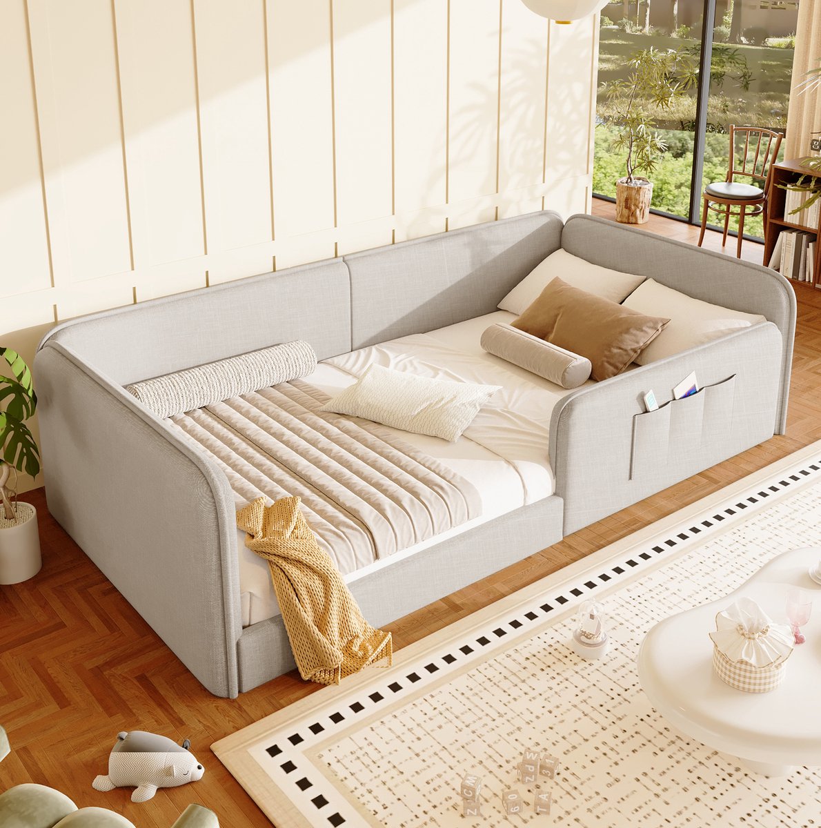 STILVORA Gestoffeerd Bed 90x200cm - Zacht Linnen Bekleed Eenpersoonsbed - Opbergtassen En Veiligheidsrand - Voor Kinderkamer - Beige - Zonder Matras