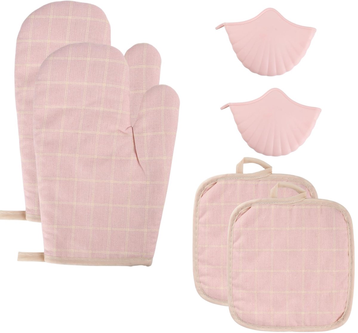 SnelShoppen - 6-delige set ovenwanten en pannenlap, hittebestendige keukenhandschoenen voor bakken en koken, roze, ideaal voor thuisgebruik, barbecue
