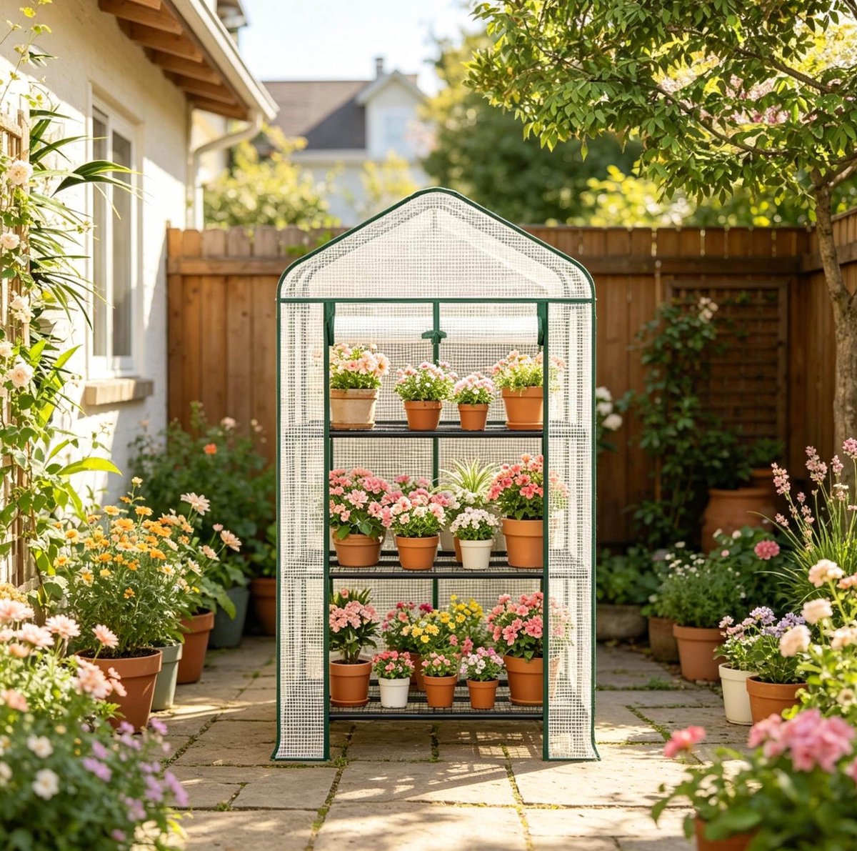 MIVRAY Tomatenkas Met Regalen En Wielen En Roldeur – 70 X 50 X 130 Cm – PE En Staal – Wit – Voor Balkon, Terras En Tuin