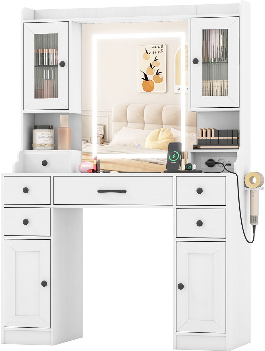 COSTWAY Make-uptafel met verlichting, grote make-uptafel met spiegel, stopcontacten, 3 kleurmodi, instelbare helderheid, haardrogerhouder, kasten en laden, 105 x 40 x 150 cm, wit