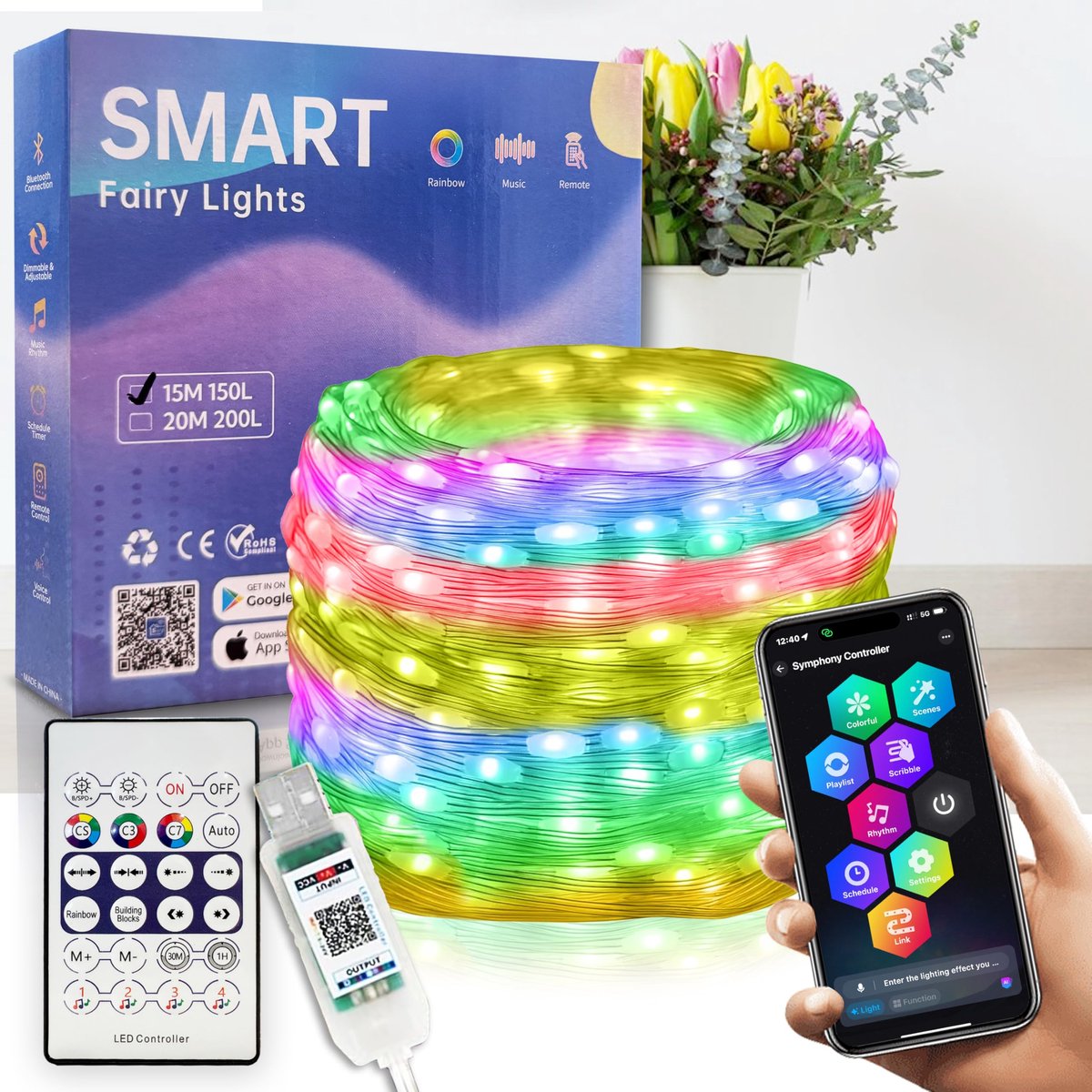 SnelShoppen - 15M/49FT RGB-IC Fairy String Lights - 150 Multicolor LED Touwlichten met App & Afstandsbediening - USB Aangedreven Kerstverlichting - Ti