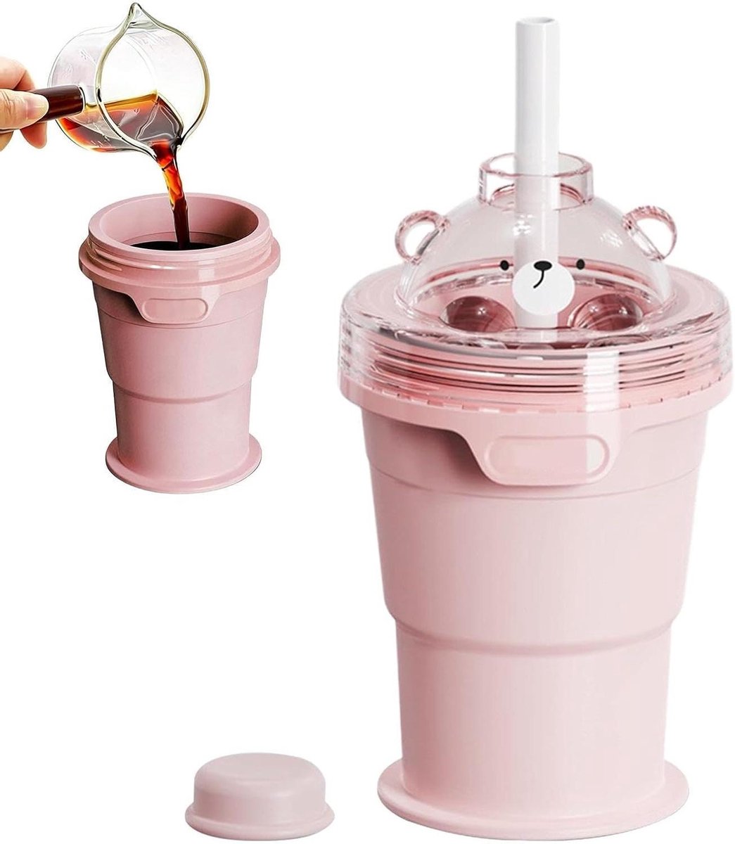 IJsblokjesbakjes Met Deksel - Opvouwbare IJsbeker - Dranken Koel Houden - Handsfree Drinken - 9.1x9.1x8.1 cm - Roze