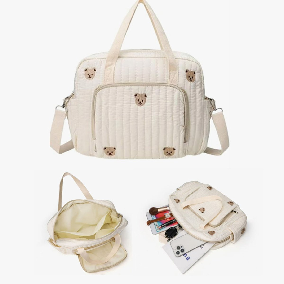 KZQ Multifunctionele Luiertas met Rits en Geborduurd Beerpatroon - Geschikt voor Ziekenhuis, Reis en Kinderwagen - Afmetingen 35 x 10 x 29 cm