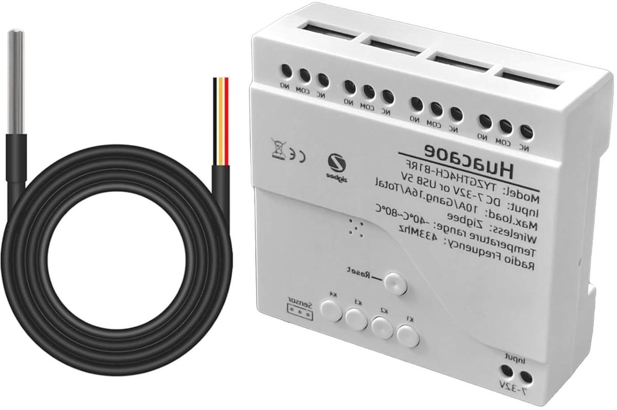 Zigbee Temperatuur Schakelaar - Slimme Thermostaatrelais - Temperatuur Bewaken - 4 Kanalen - 12 V - Wit