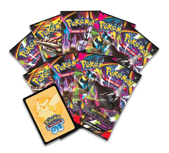 Verschillende Pokémon TCG booster packs, waaronder 'Mega Evolution Pitch Black'. Een gele kaart met Pikachu en het 'Pokémon Live' logo ligt ervoor.