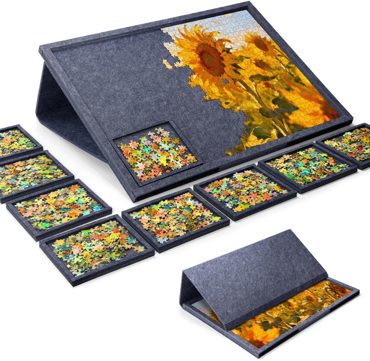 SnelShoppen - Vilten Puzzelplank Grijs voor Puzzels tot 1000 Stukjes - Kantelbaar Vilt, 2-in-1 Design met Afdekking en Standaard - Draagbare Puzzeltaf