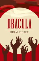 Boekomslag van Dracula door Bram Stoker met rode en crème kleuren, en silhouetten van handen met klauwen.