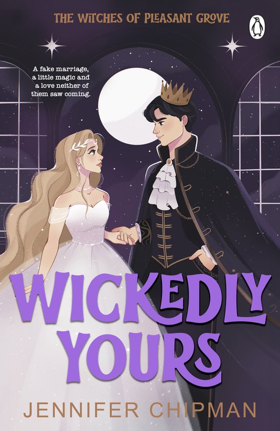 Een blonde vrouw in een witte trouwjurk en een man met een kroon, beiden vasthoudend elkaars hand. Titel: Wickedly Yours.