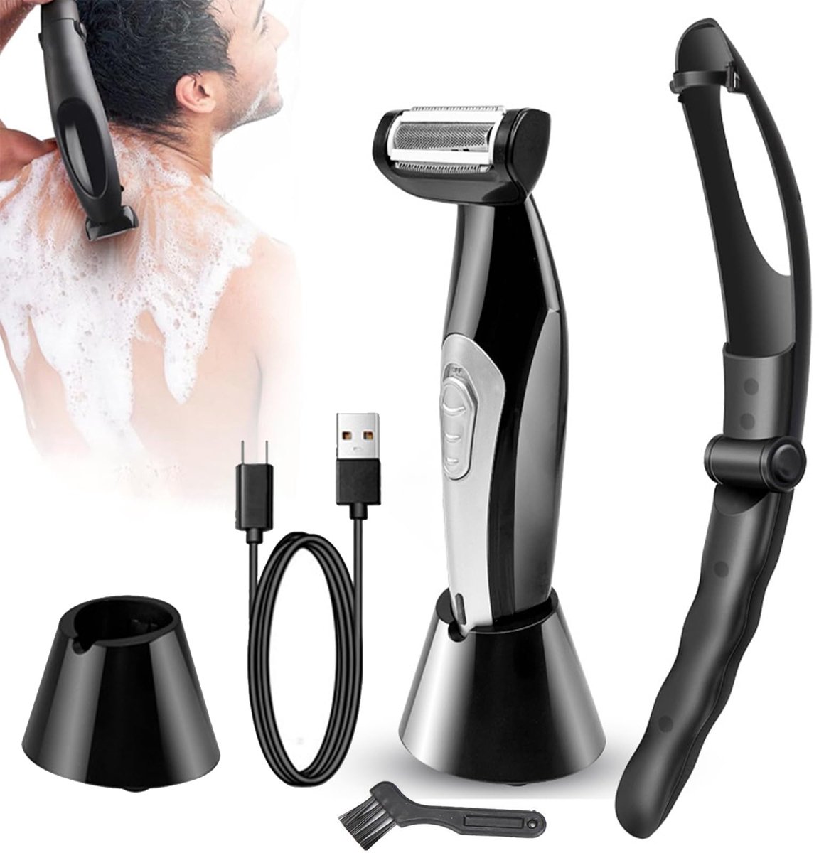 SnelShoppen - Body Hair Trimmer voor Mannen - Elektrisch Rugscheerapparaat met Afneembaar Handvat voor Schaamstreek, Rug, Gezicht, Benen en Baard - Na