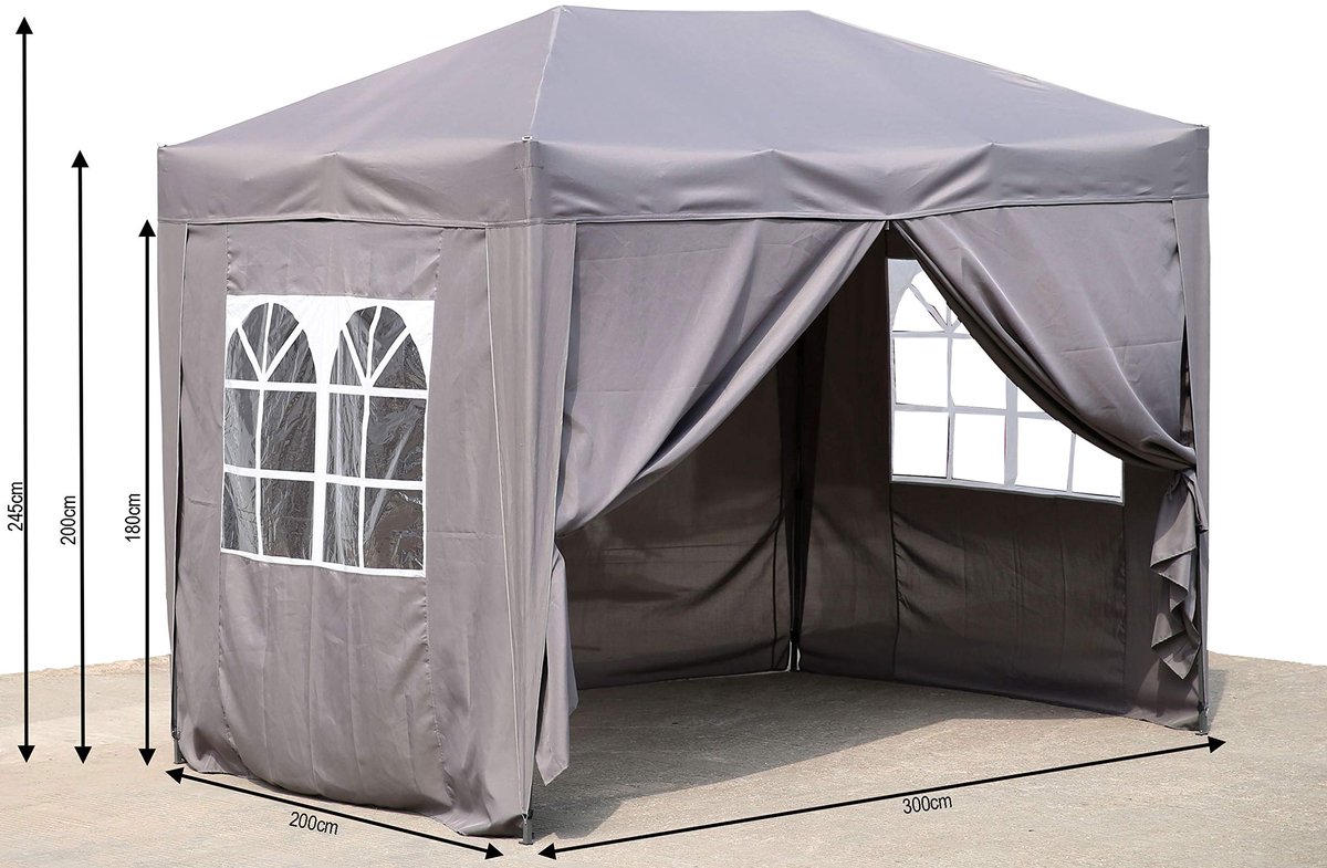SnelShoppen - Pop-up Paviljoen 2x3 m Smoky Grijs met 4 Easy-Klittenband Zijwanden en Ritssluitingen - Ideaal voor Feesten, Camping, Tuin en Evenemente