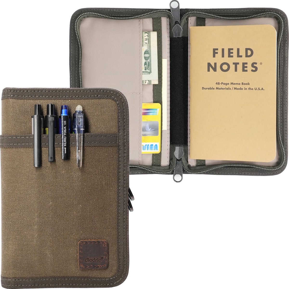 SnelShoppen - Diodrio Notitieboekje Cover voor 3,3 x 5,5 Pocket Notebook met Penhouder - Waterbestendige Ritssluiting - Waxed Canvas in Olijf - Perfec