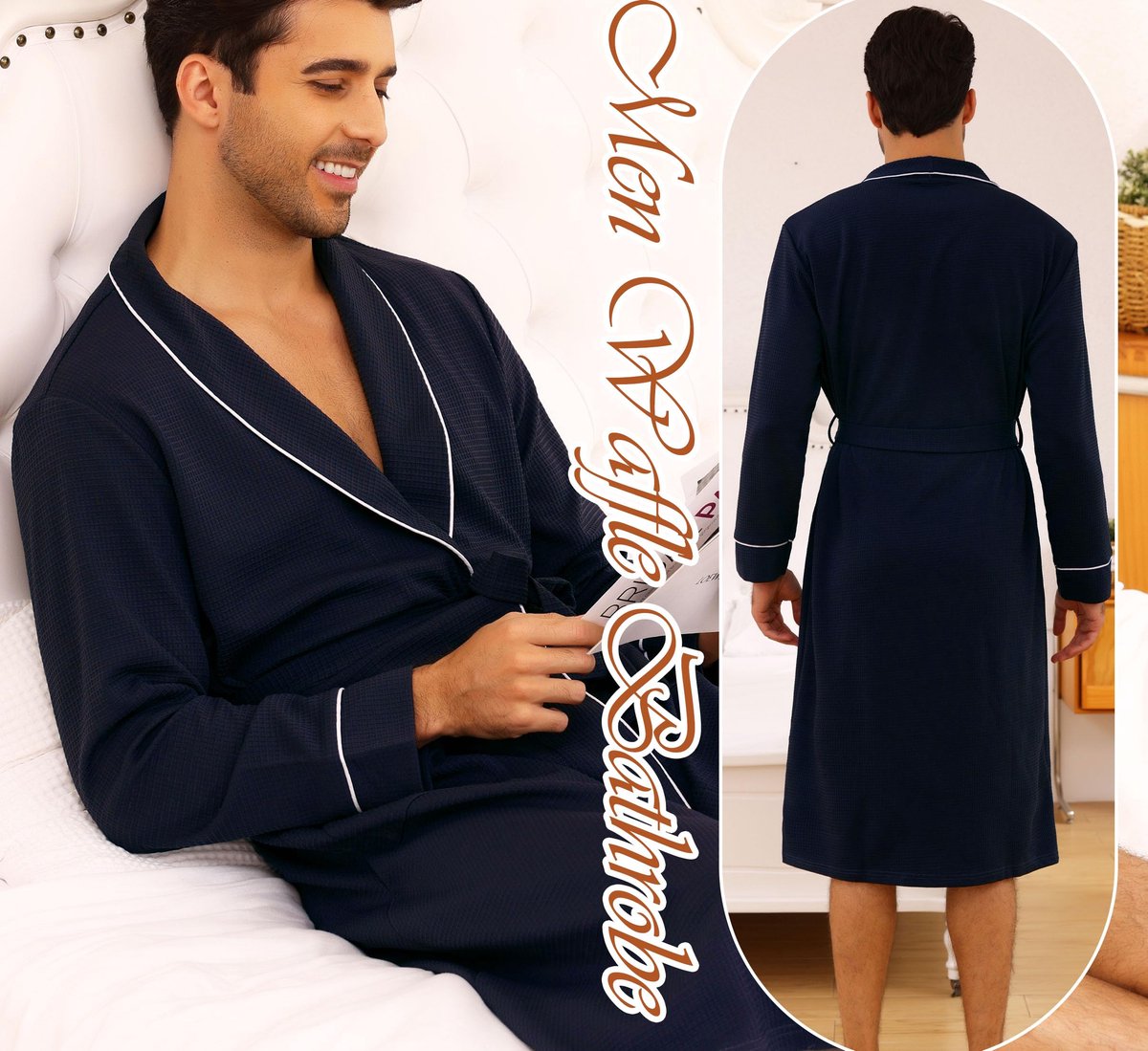 SnelShoppen - Lichtgewicht Heren Badjas van Katoenmix - Donkerblauwe Wafeltej Kimono Badjas met Zakken - Perfect voor Thuis, Wellness en Alle Seizoene