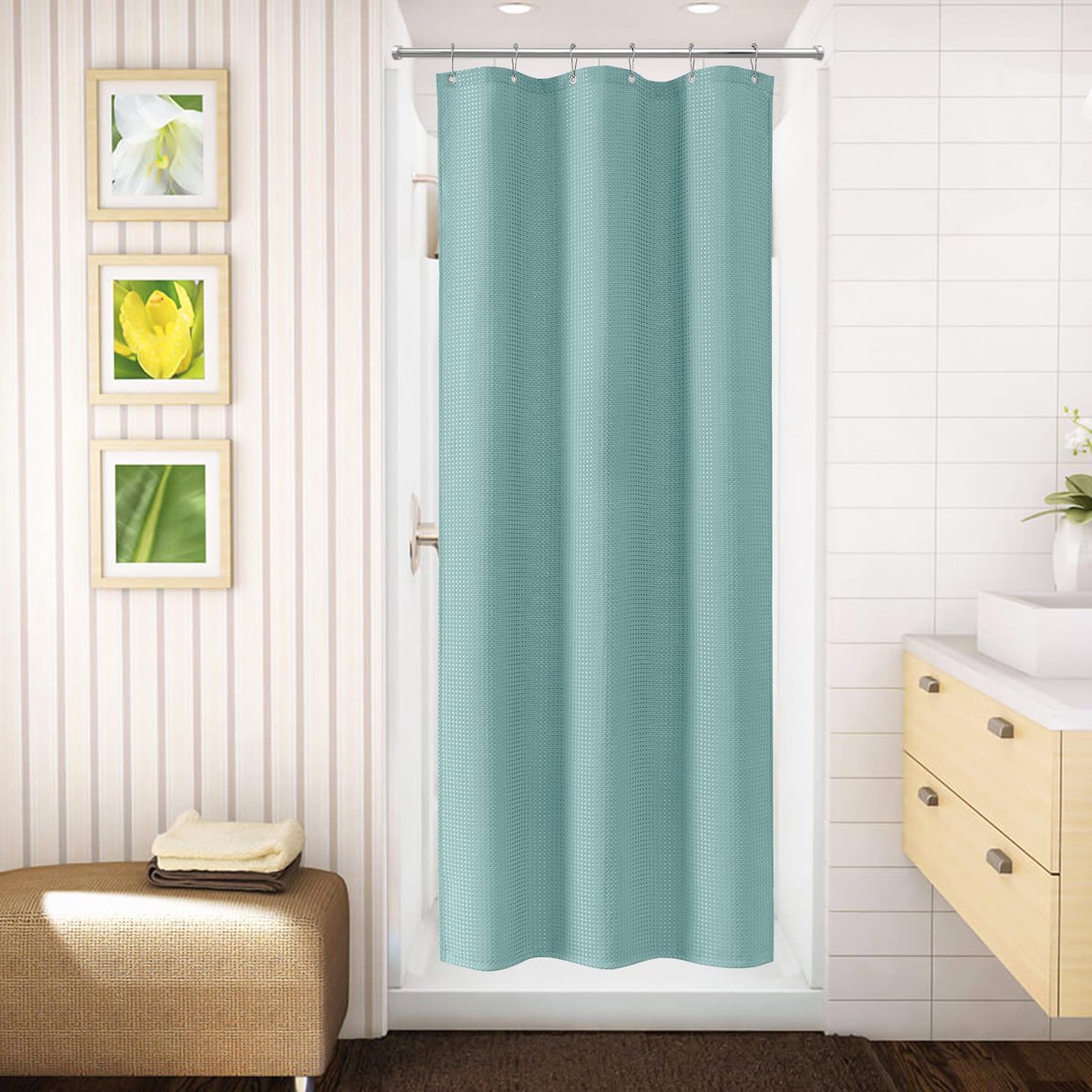 SnelShoppen - Douchegordijn Wafelstof Waterdicht met Metalen Ringen - Anti-schimmel Badgordijn 92 x 182 cm Turkoois voor Badkamer Douchecabine