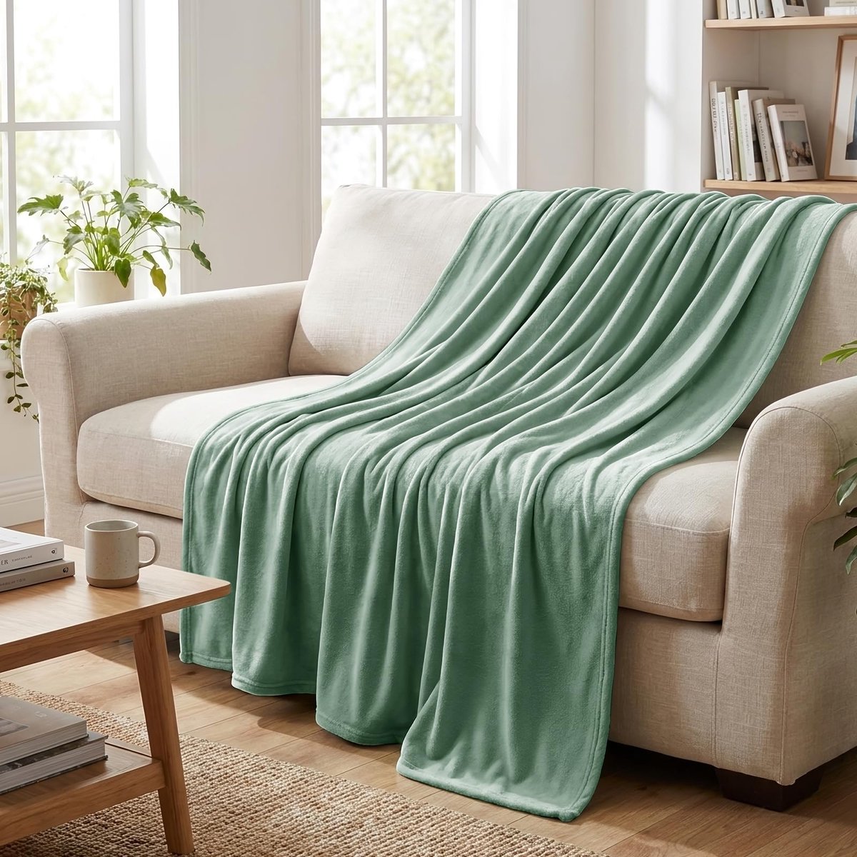 SnelShoppen - Aisbo Knuffeldeken XL 150 x 200 cm - Pluizige Fleecedeken in Saliegroen - Warme Bankdeken voor Winter - Behaaglijke Woondeken - Zacht en