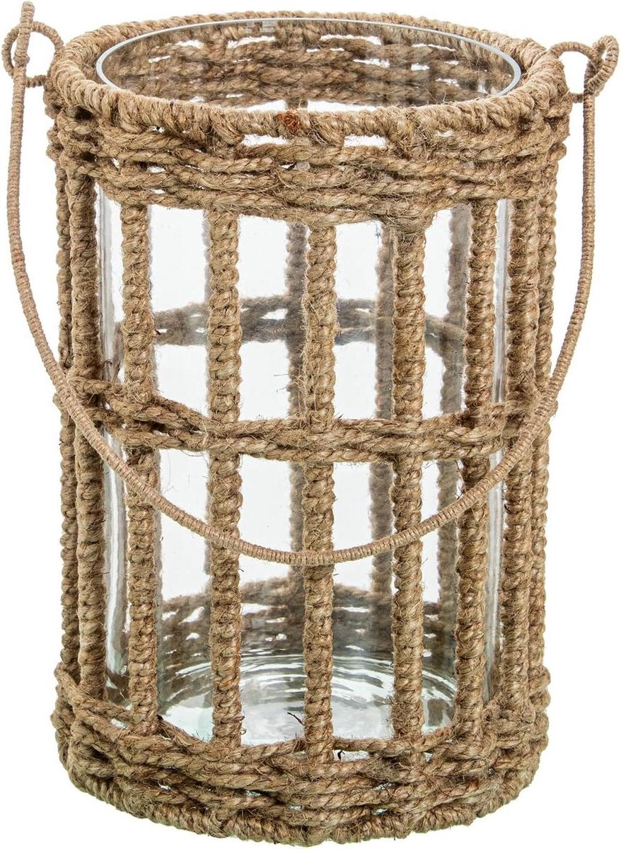 Theelichthouder Glas - Kandelaar Touw - Sfeer Creëren - Natuurlijke Uitstraling - 15 x 15 x 22 cm - Groen