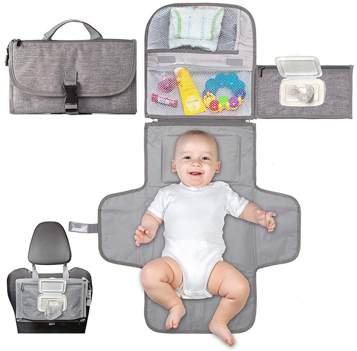 SnelShoppen - Draagbare Aankleedmat Waterdicht Opvouwbaar Babyluiermat met Kussen en Dispenser voor Doekjes - Ideaal voor Thuis en Onderweg