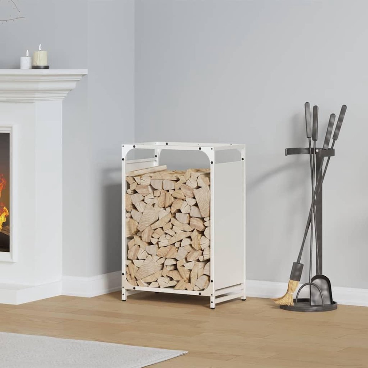 Brandhoutrek - Houthouder Haardhout - Hout Opslaan - Verhoogde Constructie - 44 x 28 x 65 cm - Wit