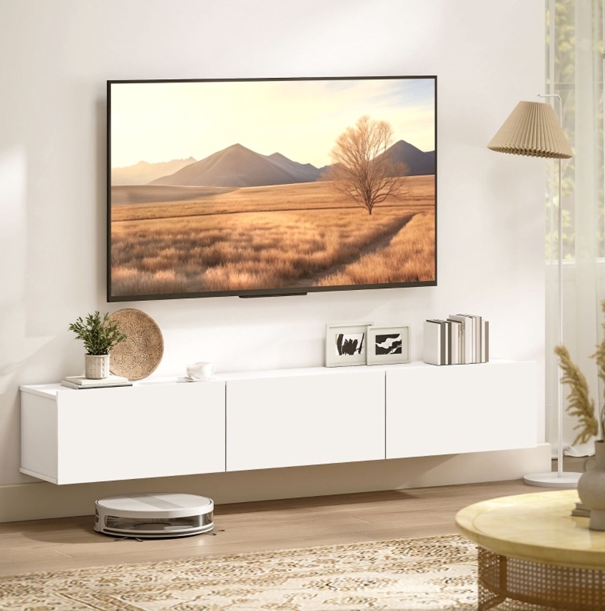 Wandgemonteerd Tv Meubel Met 3 Kleppen En Soft Close - 180 Cm Breed - Wit Spaanplaat Met Melamine Afwerking Voor Moderne Woonkamers