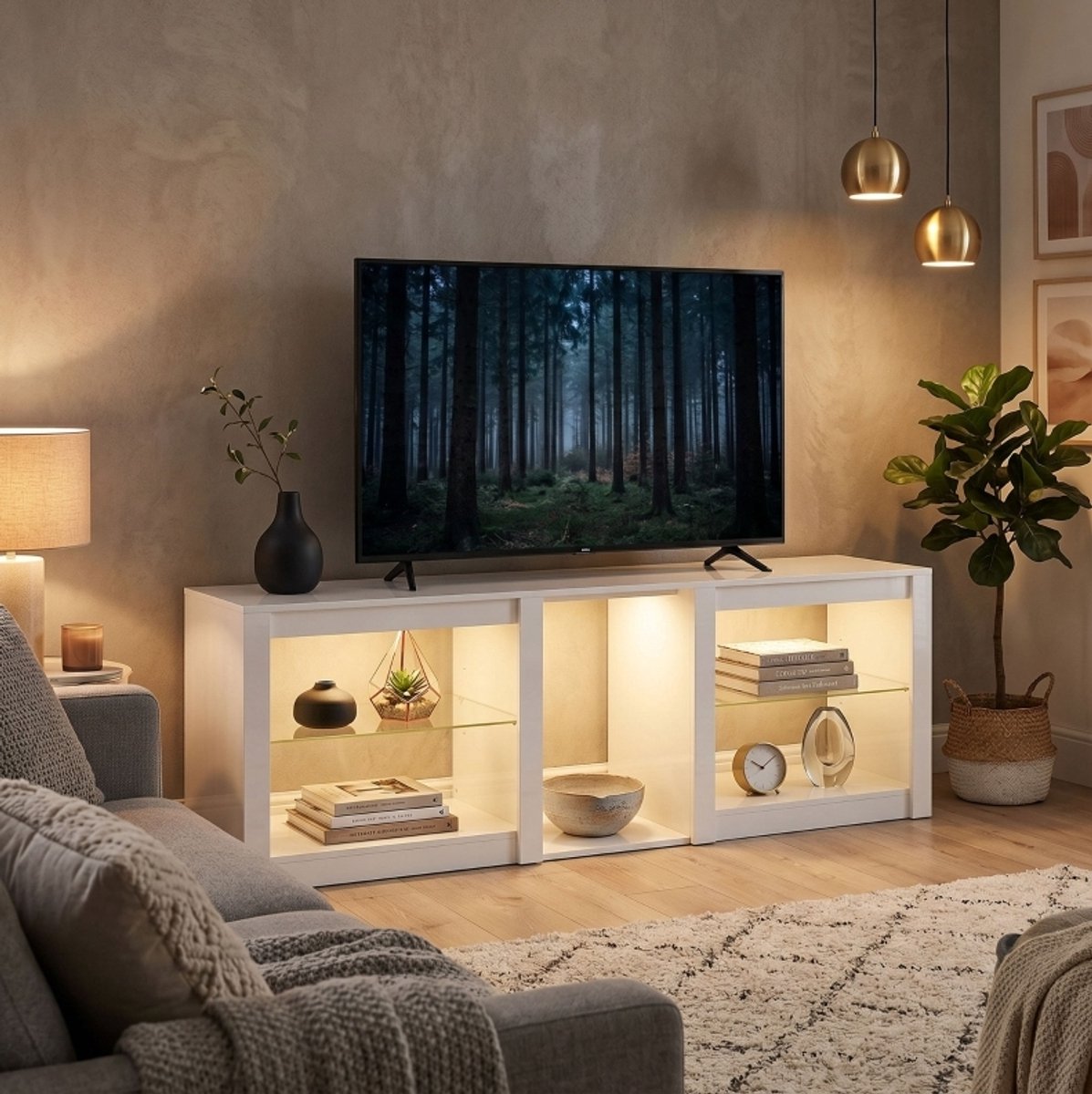 STILVORA TV Meubel - RGB Verlichting En Verstelbare Glasplanken - Geschikt Voor Tv Tot 75 Inch - Wit - 160 X 35 X 52 Cm