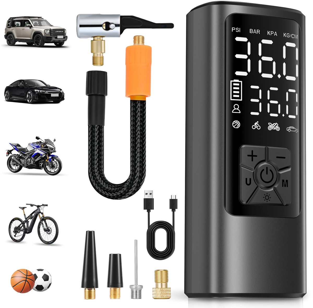 SnelShoppen - Draadloze Bandenpomp Luchtcompressor 150 PSI (10,3 Bar) - Elektrische Luchtpomp met Digitaal Display, Oplaadbare Batterij en LED - Voor