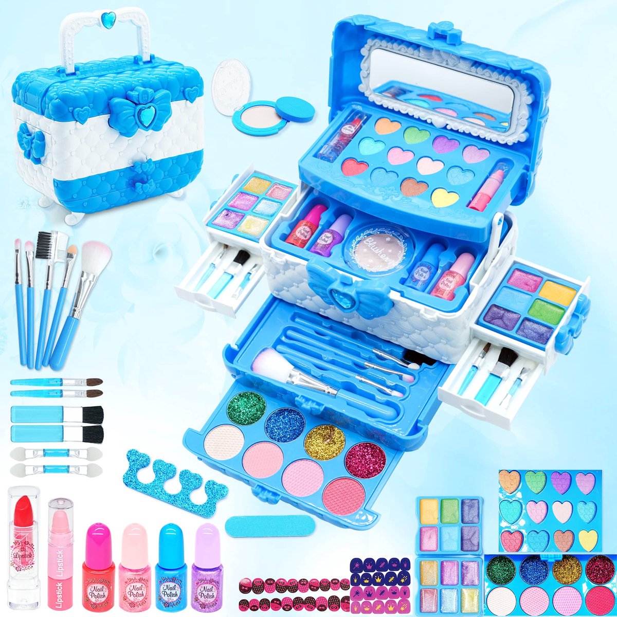 SnelShoppen - Kinderschminkset voor meisjes, 57-delige wasbare make-upset, Frozen speelgoed, prinses thema, perfect voor feestjes, verjaardagen en Ker