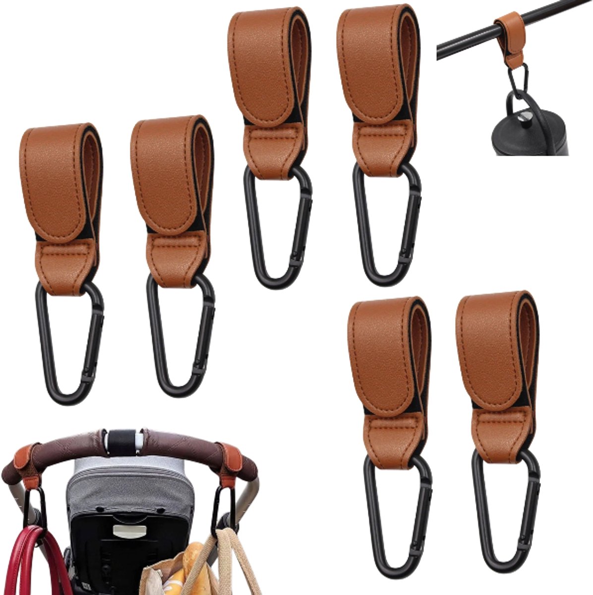 6 stuks- Kinderwagenhaken - Babywagenclips - Tashaken - Universele kinderwagenhaken - Kinderwagenhaakclips - Lichtbruin - 155*31 mm - Geschikt voor het ophangen van tassen, rugzakken, portemonnees, boodschappen en reisbenodigdheden