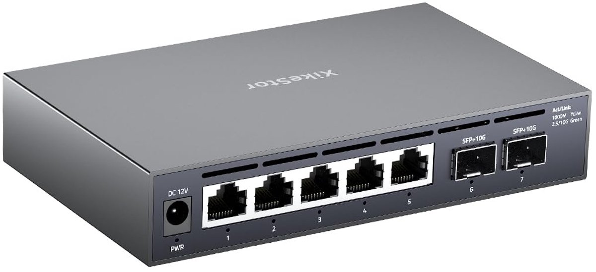 SnelShoppen - 7-Port 2.5GbE Unmanaged Ethernet-Switch | 5X 2.5G RJ45 + 2X 10G SFP+ Uplinks | Plug & Play Lüfterloser Metaal Switch voor Gaming-PC, NAS