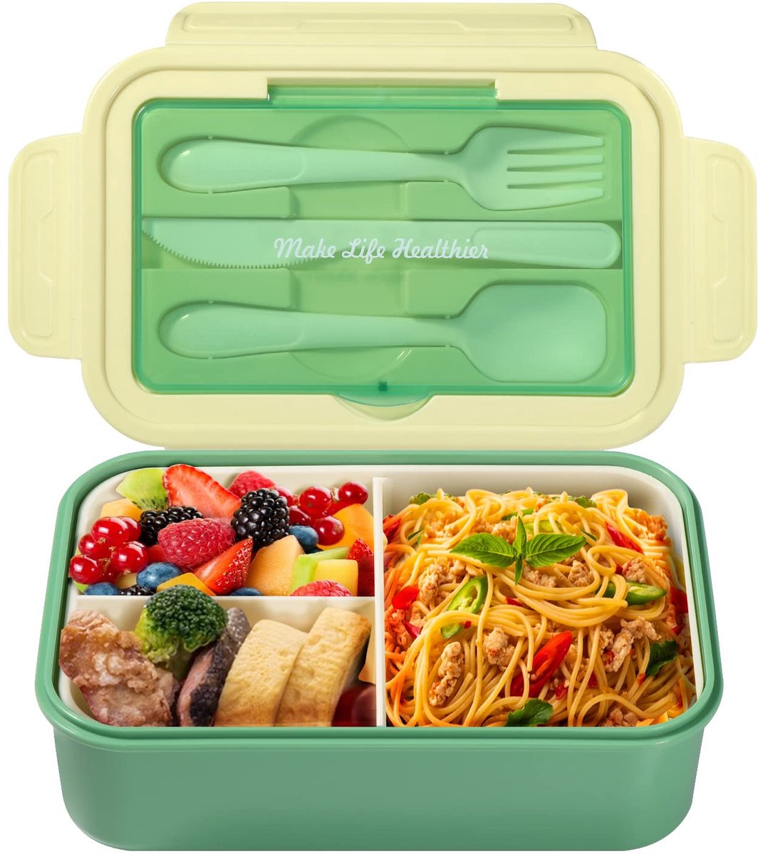 SnelShoppen - Diboniur Lunchbox Broodtrommel met Bestek, Bento Box voor Volwassenen en Kinderen, 1400 ml, Magnetronbestendig, Groene Broodtrommel met