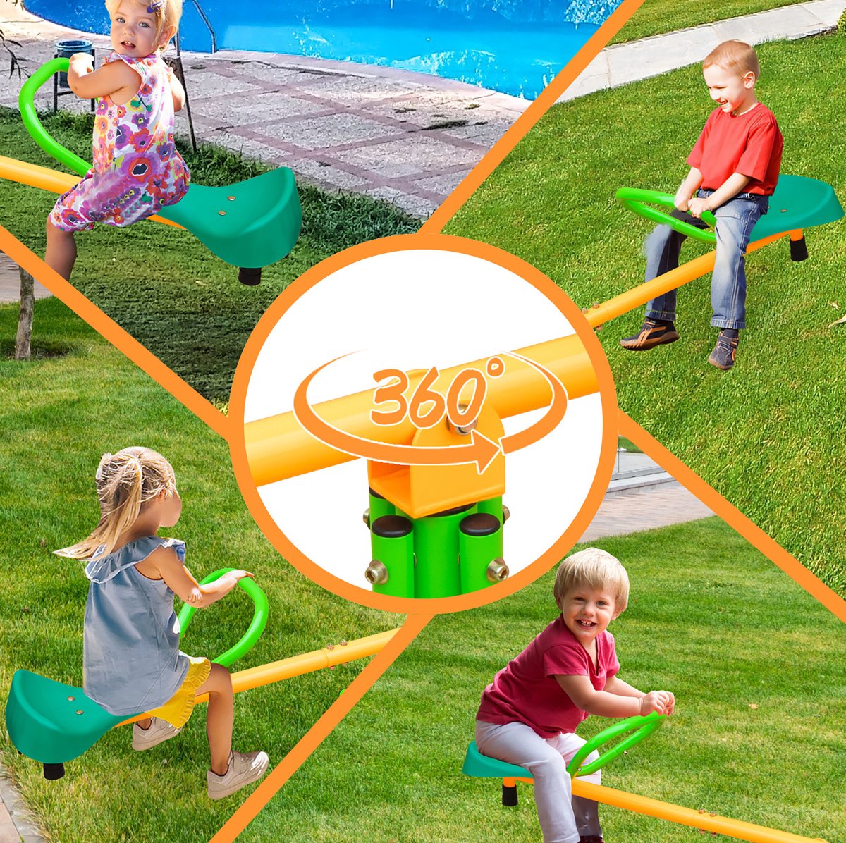 MIVRAY Balansspeelgoed Dubbele Wipwap 180,34 Cm IJzer Kunststof Groen Geel Voor Kinderen Buiten En Tuin Antislip 360 Graden Draaibaar