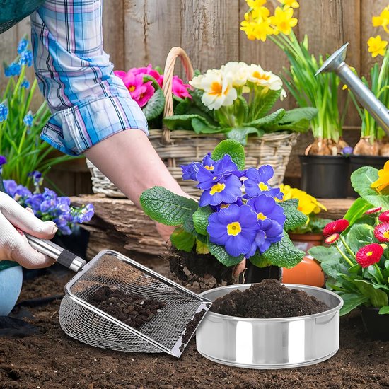5-delige set - Tuinzeef met handvat - Verschillende maaswijdtes - Zeef voor grond/zand & grindscheider - 28,5 x 10 x 5 cm - Voor het zeven van grond, zand en grind; ideaal voor het opkweken van zaailingen en plantwerkzaamheden - Zilverkleurig — afbeelding 4