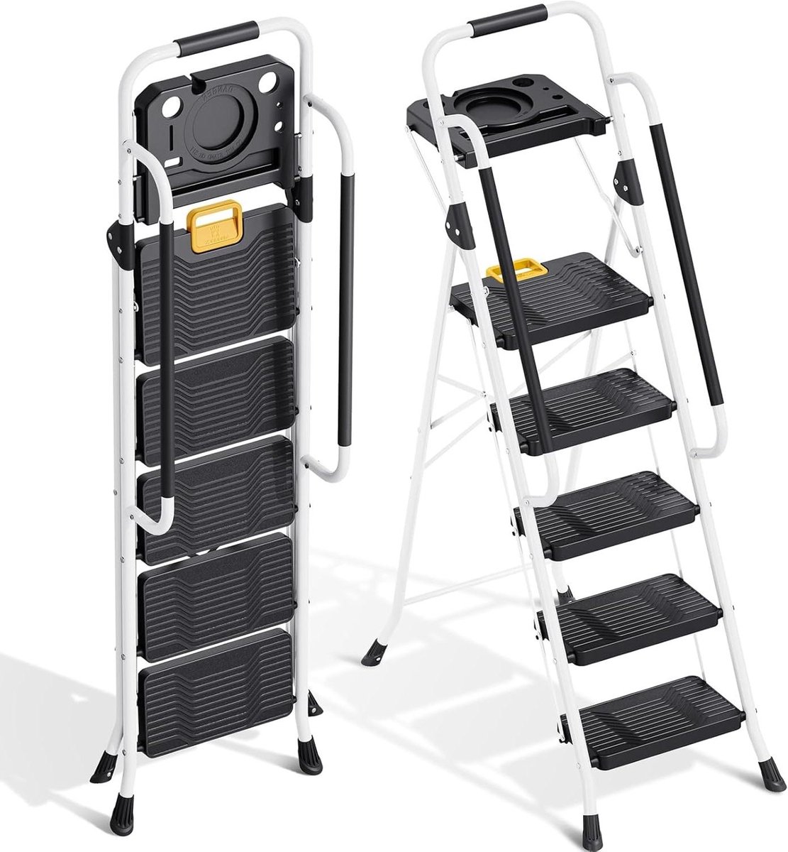 Opvouwbare ladder - Huishoudtrap vouwladder - Klusjes thuis - Met gereedschapsplateau - 5 treden - Wit