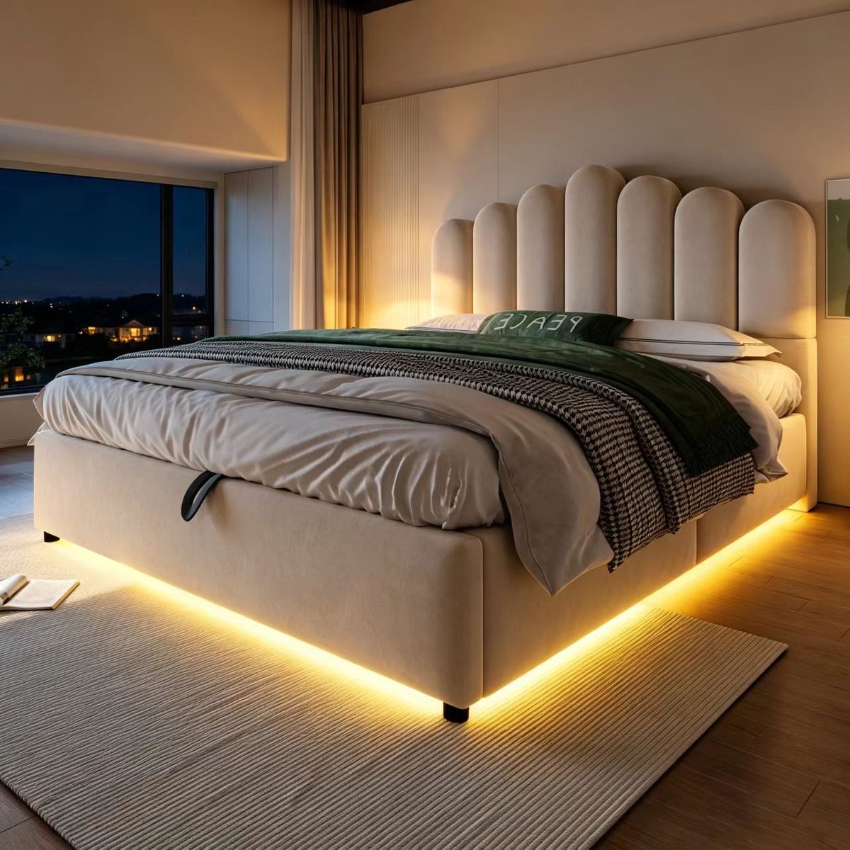 VVBV Tweepersoonsbed 140x200 cm - Hydraulische Opbergruimte, LED-Verlichting, Gestoffeerd Hoofdbord, Met Lattenbodem - Beige
