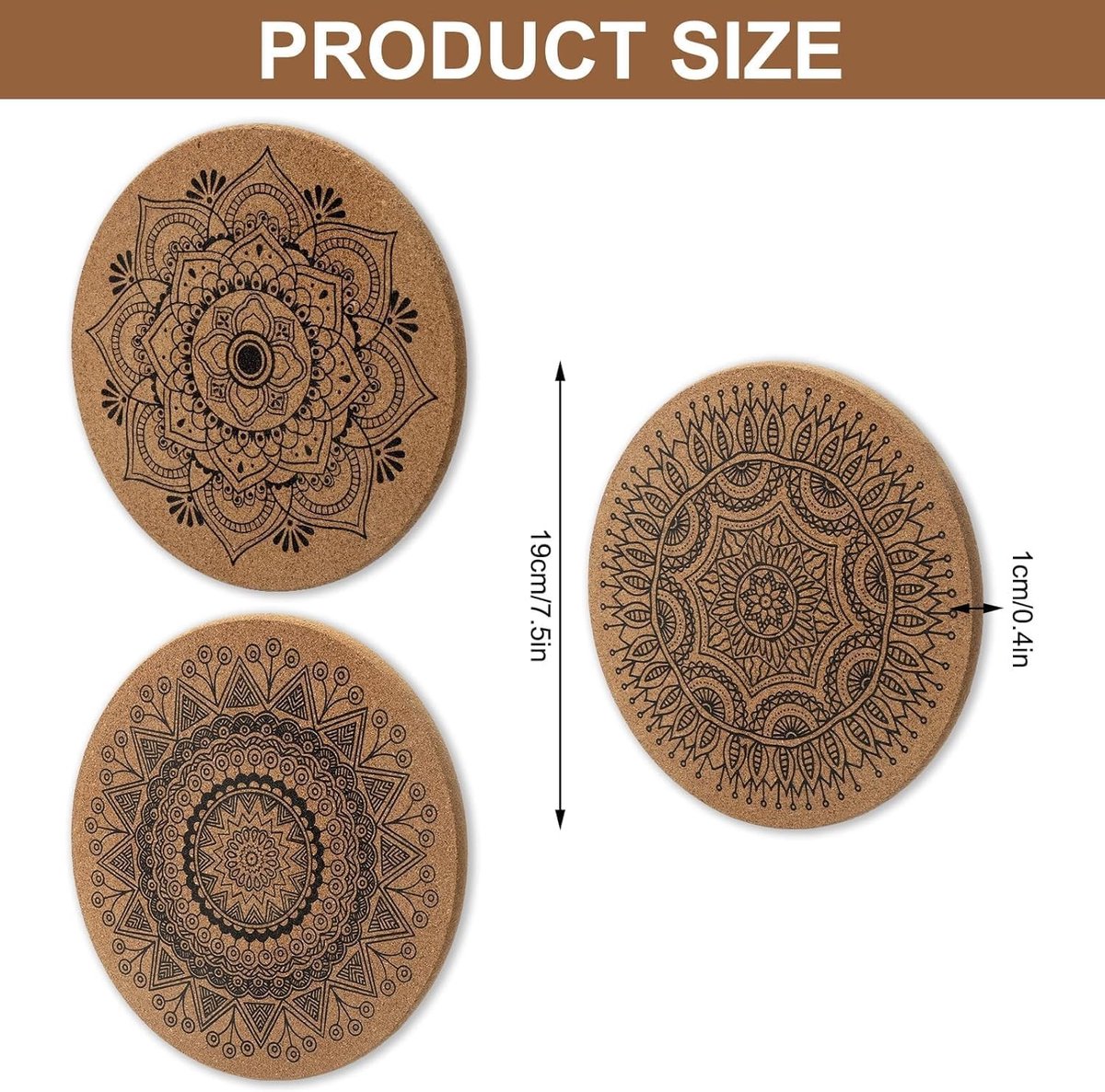 Set van 2 Kurken Onderzetters met Mooi Patroon - Diameter 19 cm - Warmtebestendige Onderzetters voor Potten, Glazen en Vazen