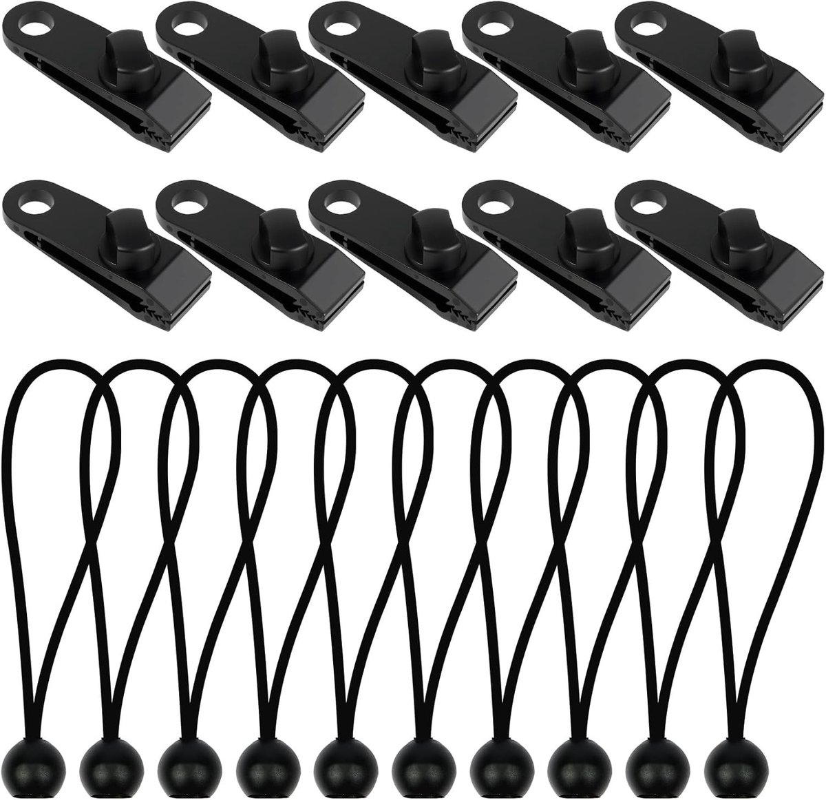Set van 20 Tarp Clips en Bungee Koorden voor Tent en Zeil, Sterke Bevestigingsclips voor Camping, Picknick en Wandelen
