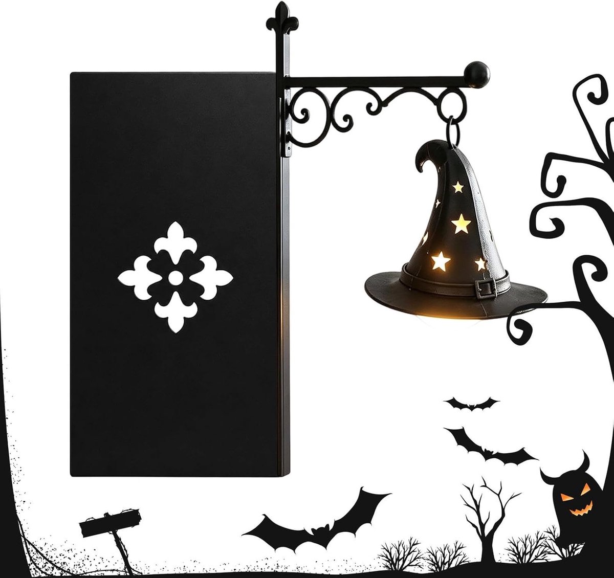 Boekensteun met Lamp - Boekensteun metaal - Bibliotheeklantaarn - Boekenstandaard - Decoratieve Boekenplankverlichting - Heks Bibliotheeklantaarn- Miniatuur Boekenplank Lantaarn - Halloween leeslampje - 23.5 x 22.5 x 3 cm