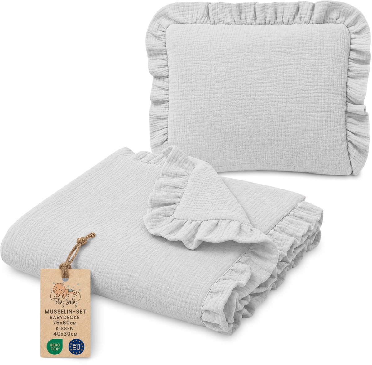 Katoenen Babydeken Set Set: Babydeken 75x60 cm + Kussen 40x30 cm Katoen Muslin voor Kinderwagen Wieg Ledikant Ademend met Ruches Lichtgewicht Zomerdeken Pasgeboren Grijs