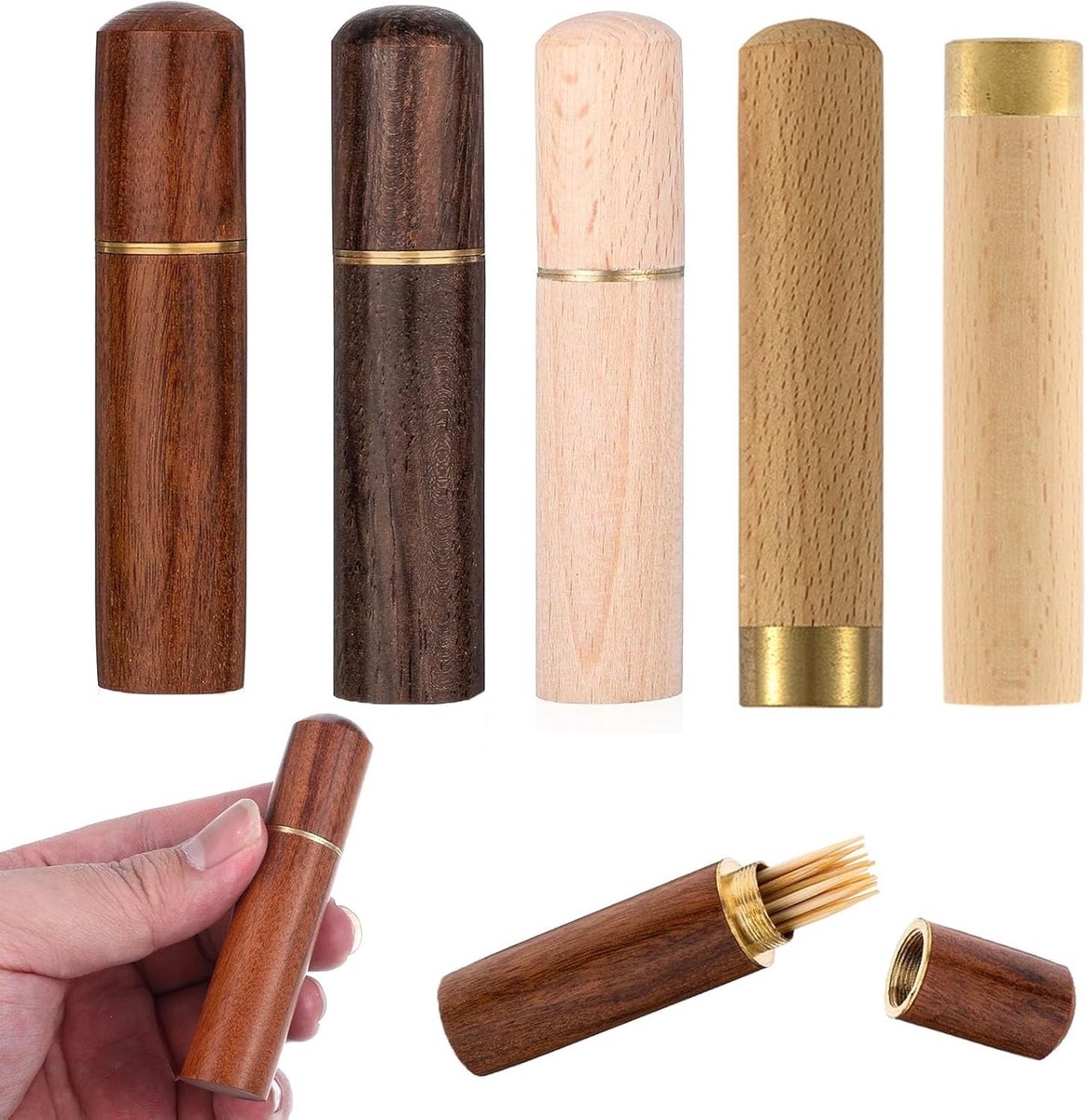 Houten Tandenstokerhouder – 5 Stuks Tandenstokers voor Reizen – Compacte Dispenser voor Buiten en Dagelijks Gebruik – Natuurlijke Houten Tandenstokerhouder