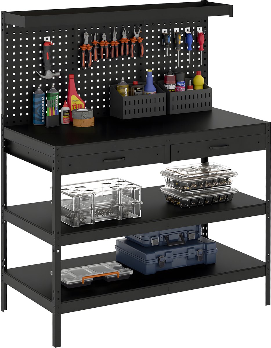 Werktafel , garage met 2 laden, geperforeerde plaat, draagkracht tot 272 kg, 122 x 61 x 156 cm